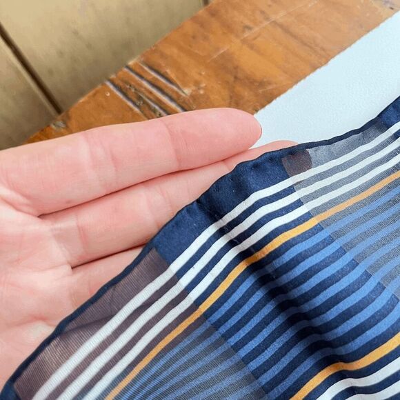 Vintage 1970s Sheer Striped Square Scarf in Blue & Gold Geometric Print 20x20 - Picture 4 of 9
